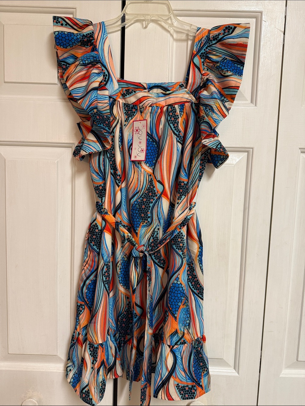 Joy Joy Multicolor Wave-Print Mini Dress with Ruffle Sleeves